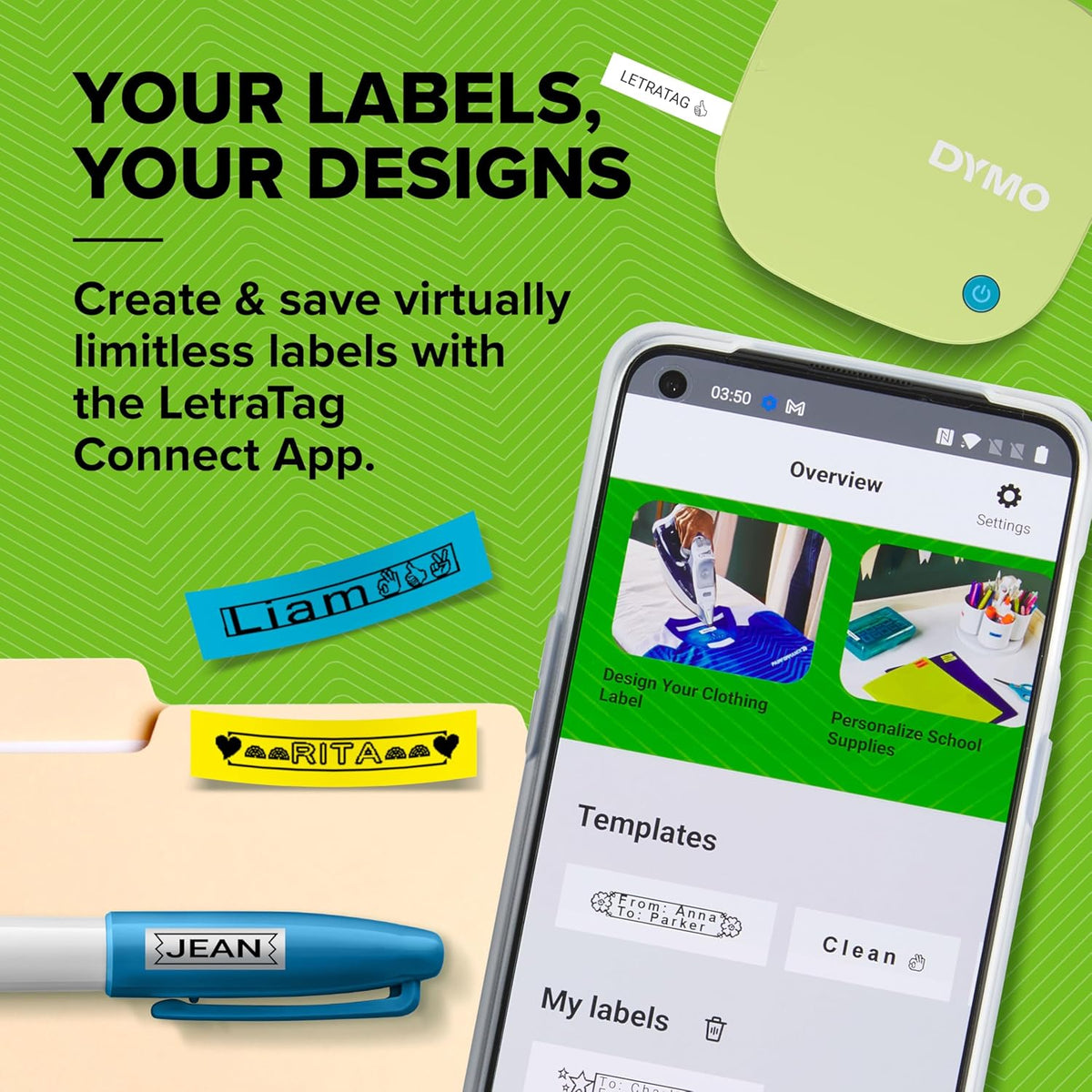 DYMO LetraTag 200B Bluetooth Label Maker | Compact Label Printer | Connects Through Bluetooth Wireless Technology to iOS and Android | Includes 1 White Paper Label Tape | Pistachio Yellow