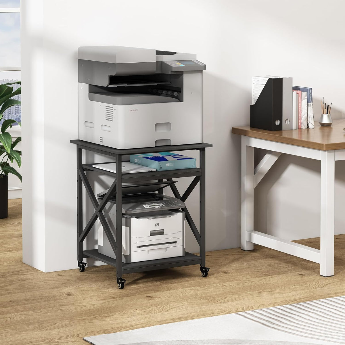 Printer Stand, 23.6 x 23.6 x 30.1 Inches Large Square Printer Table with Height Adjustable Storage Shelf, 3 Tier Rolling Printer Cart with Industrial Wheels for Home Office - Black