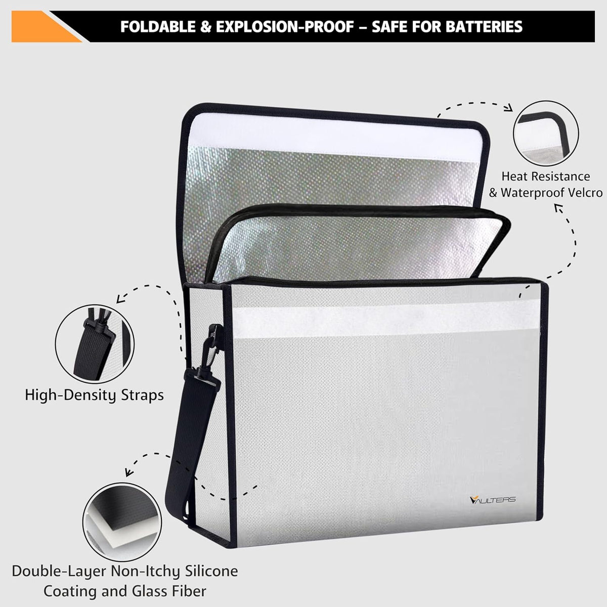 Fireproof Document Bag with Lockable Zipper - 2000°F Heat Resistant & Waterproof Bag with Reflective Strip, Shoulder Strap - Fireproof Money Box & Document Organizer for Home, Office, Travel