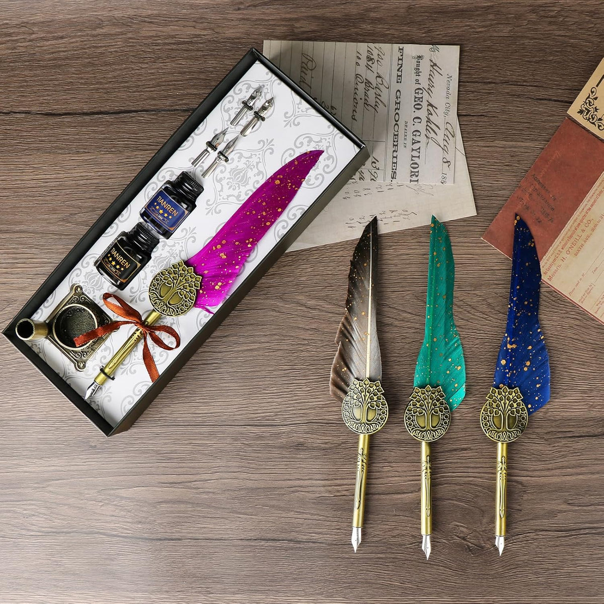 Feather Pen and Ink Set,quill pen ink set,Antique Calligraphy Pen with 4 Replaceable Nibs,2 Bottle of ink,Pen Holder Christmas Gift for Men&Women.(Purple)