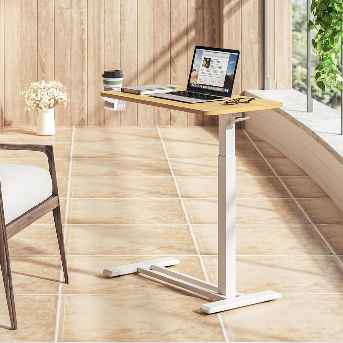 SANODESK Medical Adjustable Overbed Bedside Table with Casters 90° Tilt Top Pneumatic Mobile Rolling Laptop Computer Standing Desk Cart with Tray, Hospital and Home Use(27.6" W x 15.7" D, Maple)