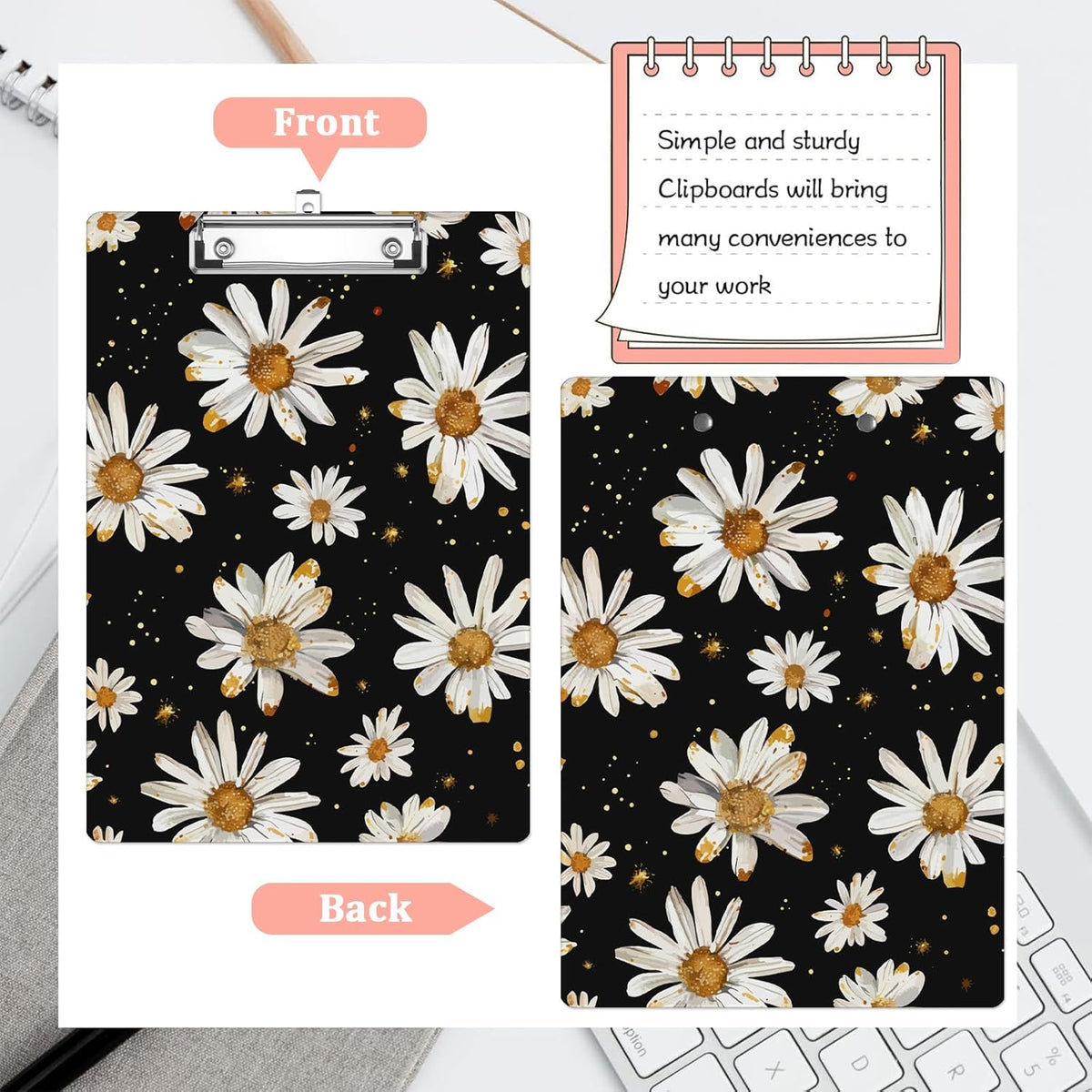 White Daisy Plastic Clipboards,Cute Fashion Clipboard Decorative 8.5" x 12.5"Standard A4 Size Clipboards,Acrylic Clipboard for Teacher,Social Worker,Students,Nurse,Office Supplies