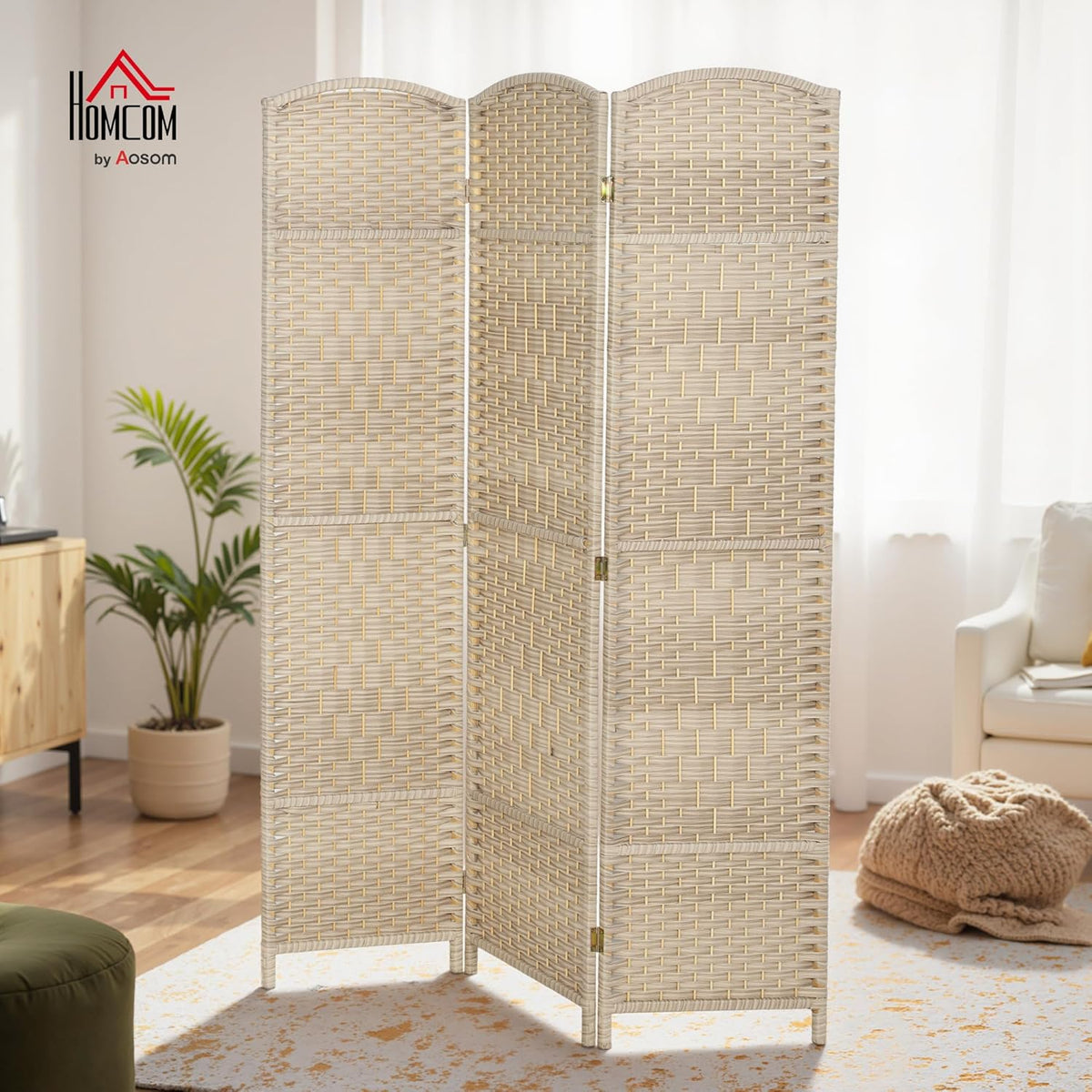HOMCOM 3 Panel Room Divider, 6' Tall Folding Privacy Screen, Hand-Woven Freestanding Wall Partition for Home Office, Bedroom, Washed Oak