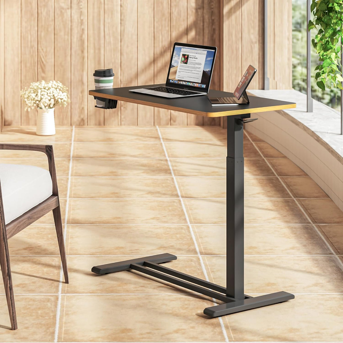 SANODESK Medical Adjustable Overbed Bedside Table with Hidden Casters, Pneumatic Mobile Laptop Computer Standing Desk Cart with Tray, Hospital and Home Use(31.5" W x 17.7" D, Black)