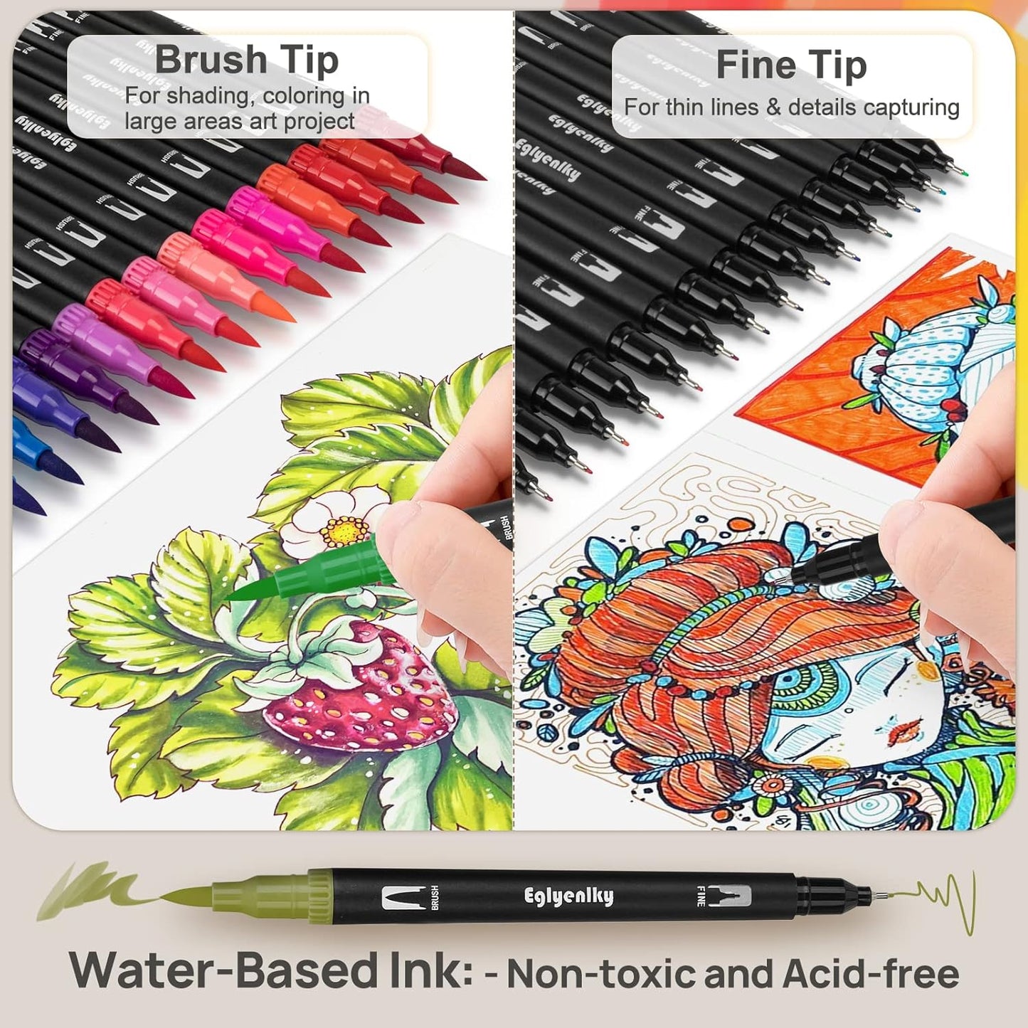 72 Markers Coloring Book for Adult, Dual Brush Marker Pens with Fine and Brush Tip for Kid Adult Artist Drawing Coloring Journaling Lettering Calligraphy