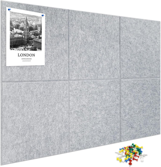 Large Cork Board for Wall 6 Pack, Bulletin Board 36" X 24", Felt Board Wall Tiles with 72 Damage-Free Removable Pads & Push Pins, Alternative Pin Board Cork Board for Office Home, Dark Grey