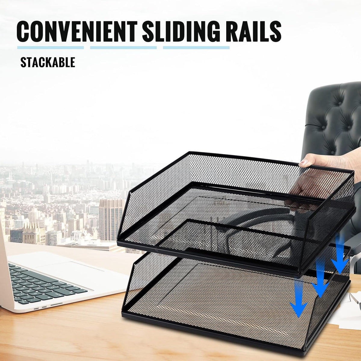 Hicarer 2 Pcs Black Metal Letter Tray Stackable Desk Tray Single Wire Mesh Organizer Front Load File Paper Holder for Desktop Office Home School Classroom (9.84 x 12.8 Inch)