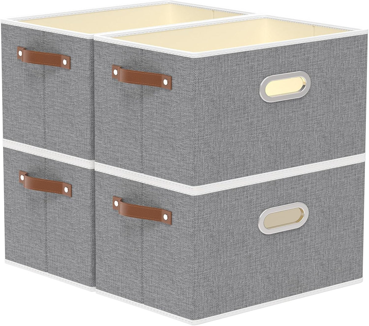 Yawinhe Fabric Storage Bins with Handles, Foldable Baskets for Shelves, Cubes with 3 Handles, Large Boxes for Clothes, Grey, 16.9''Lx11.8''Wx10.2''H, 4-Pack