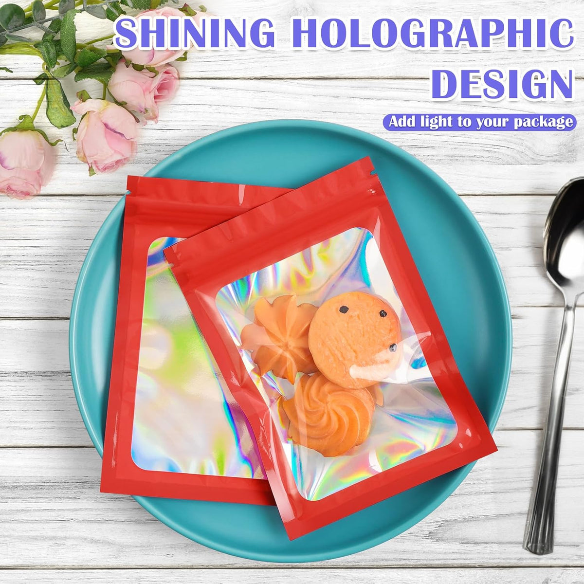 300 Pcs Mylar Bags, Smell Proof Bags Foil Pouch, Holographic Resealable Bags for Small Business, Candy Sample Jewelry Bag Sealable Packaging for Party Favor Food Storage (5.5x7.9in-Red)