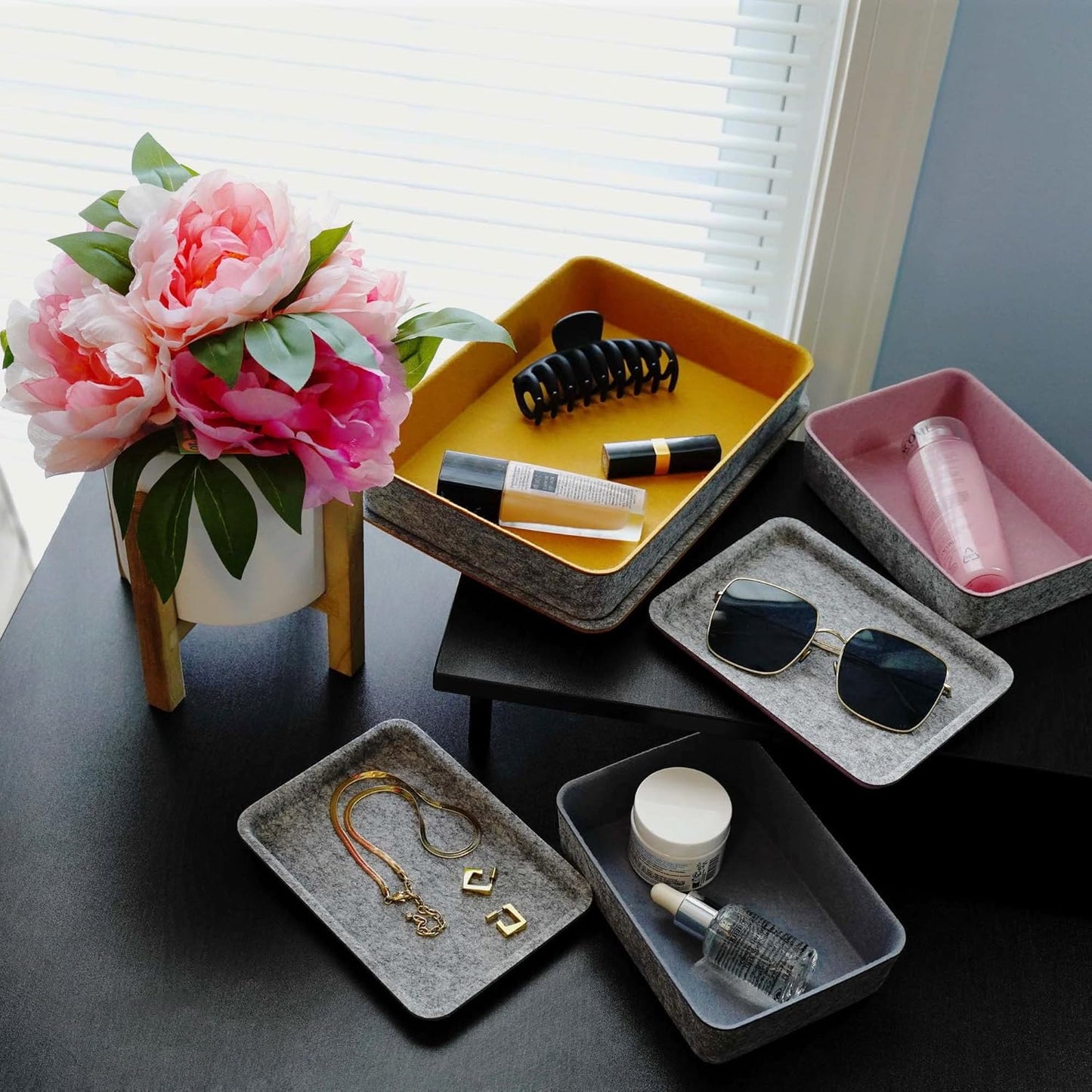 Welaxy Lidded Felt Drawer Organizer Bin with lids Desktop Stackable Organizer Storage box for crafts office supplies pen notes Junk Makeup Stationery Organize 3-Pack (Curry+Dusty rose +Glacier gray)