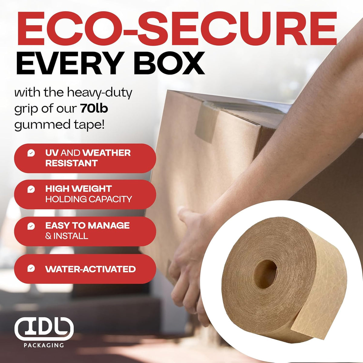 IDL Packaging 3" x 375 feet Reinforced Water-Activated Kraft Gummed Tape 70lb Thickness - Secure Paper Packing Tape for Secure Carton Sealing - Heavy-Duty for All Conditions, Brown