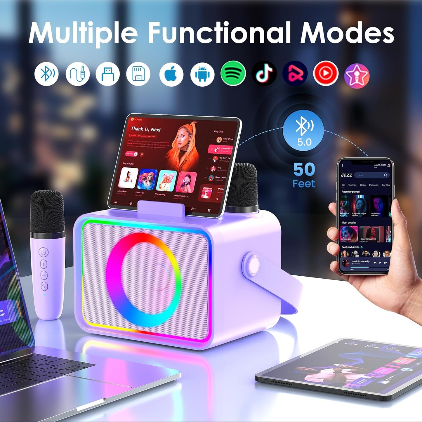 Karaoke Machine,Portable Bluetooth Speaker with 2 Wireless Microphone for Adults & Kids with LED Lights, Karaoke Microphone with PA System Supports USB/TF/AUX,Gift for Party (Purple)