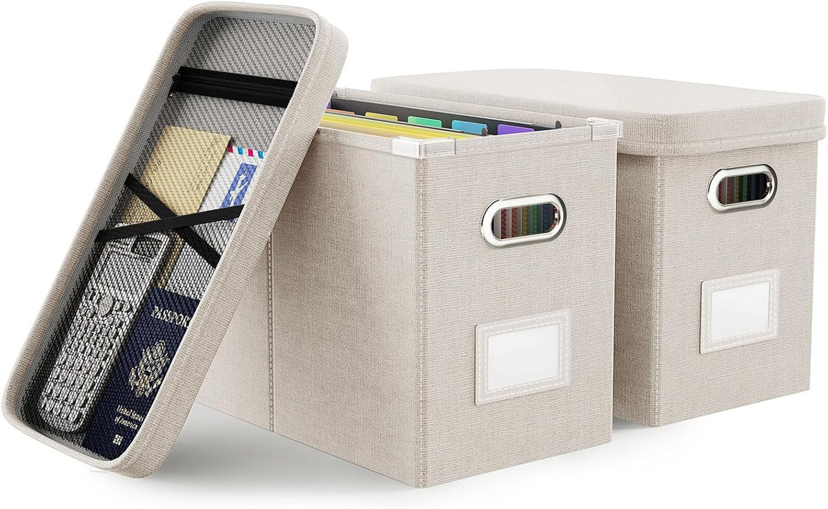 Oterri File Organizer With Lid, Hanging Filing Box With Mesh Pocket, Document Organizer for Letter Files, Portable Storage With Smooth Sliding Rail for Office & Home (2 PCS, Beige)
