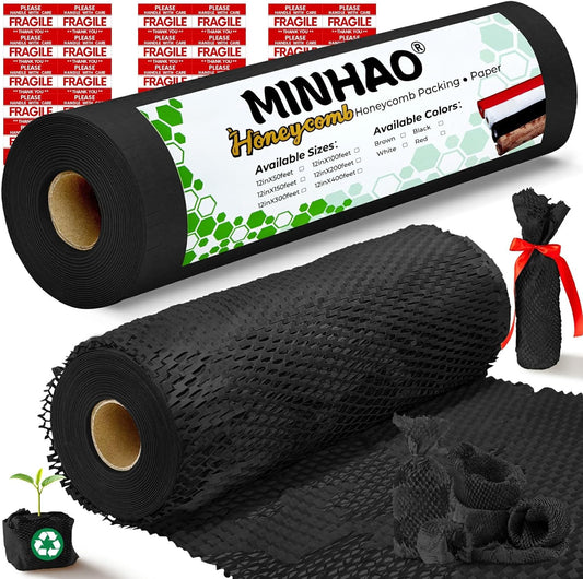 Honeycomb Packing Paper, 12"x200' Black | Perforated Honeycomb Packing Paper Recyclable Moving Supplies for Shipping & Moving | Plastic-Free Alternative to Bubble Cushion Wrap with 36 Fragile Stickers