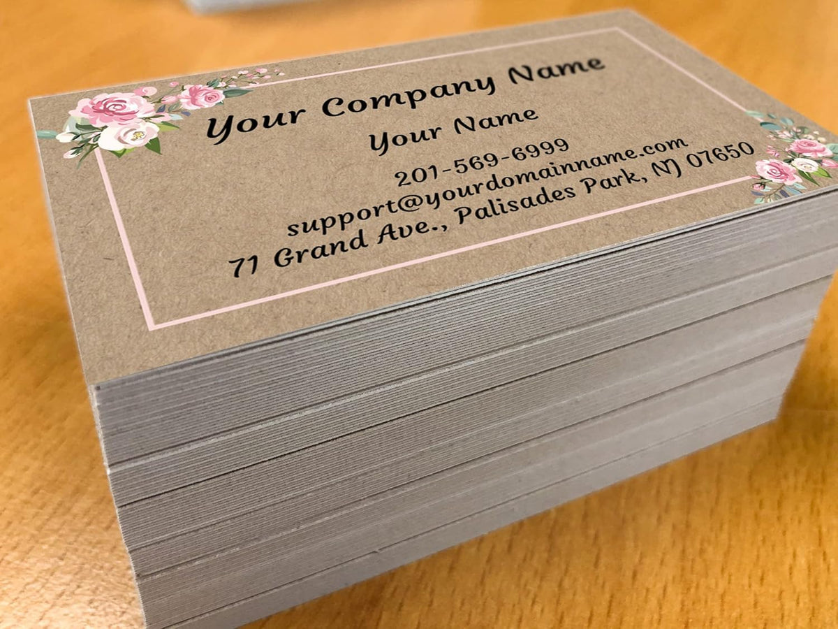 Custom Premium Business Cards 100 pcs Full color - Printed on 16pt(350gsm) or14pt (308gsm) Classic matte paper, Made in The USA (Kraft-Floral)
