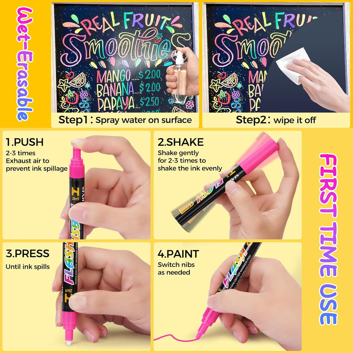 SFAIH Liquid Chalk Markers [1-Second Wet Wipe] - 6mm 30 Colors [Neon+Pastel+Metallic], No Residue, Zero Dust Chalkboard Markers for Whiteboard, Windows, Glass, Signs, With Highlighter Color Marker