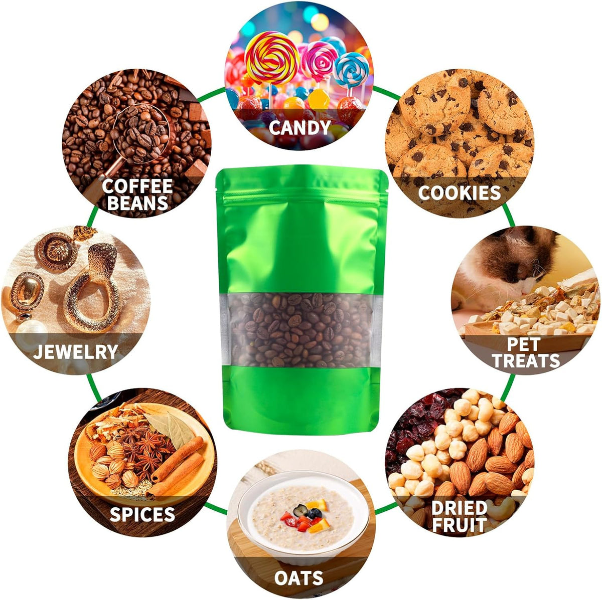 100 Pack Smell Proof Bags, Resealable Green Mylar Bags with Matte Window, Foil Pouch Stand Up Sealable Bags for Packaging, 5.9 × 8.66 Inch
