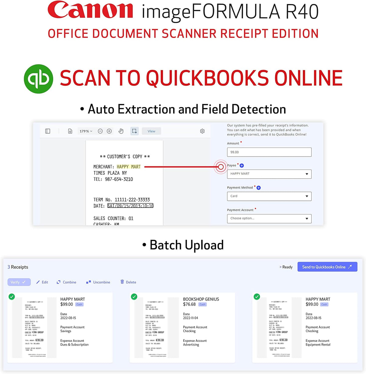 Canon imageFORMULA R40 Office Document Scanner Receipt Edition, for PC and Mac, Scan & Extract Data to QuickBooks Online, Color Duplex Scanning, Auto Document Feeder, Easy Setup for Office Or Home Use