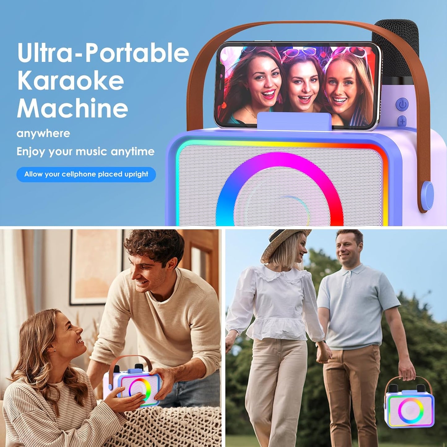 Karaoke Machine,Portable Bluetooth Speaker with 2 Wireless Microphone for Adults & Kids with LED Lights, Karaoke Microphone with PA System Supports USB/TF/AUX,Gift for Party (Purple Blue)