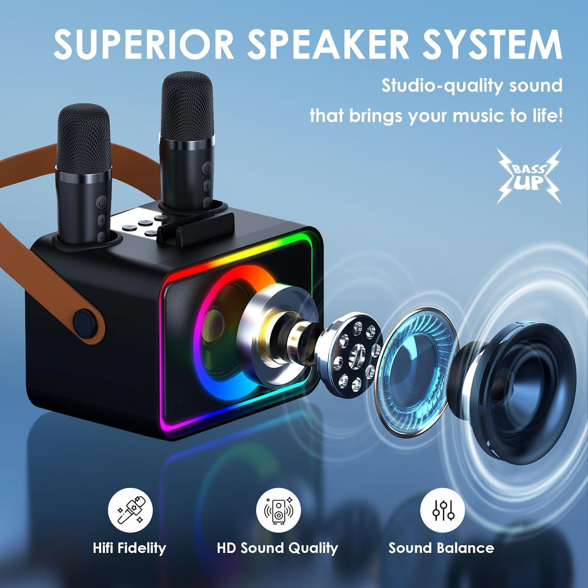 Karaoke Machine,Portable Bluetooth Speaker with 2 Wireless Microphone for Adults & Kids with LED Lights, Karaoke Microphone with PA System Supports USB/TF/AUX,Gift for Party (Black)