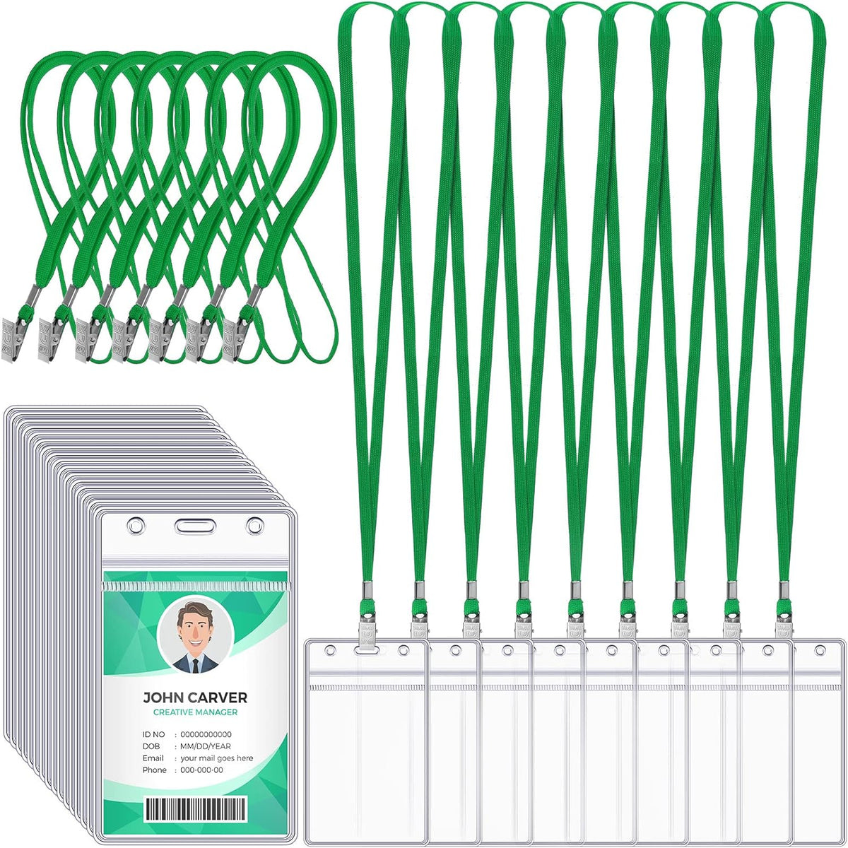 Marspark 200 Pcs Name Tag Lanyards with ID Holder Lanyards for ID Badges Resealable Flat Neck Name Tag with Clip Waterproof Plastic Clear Badges Bulk for School Office Supplies (Dark Green)