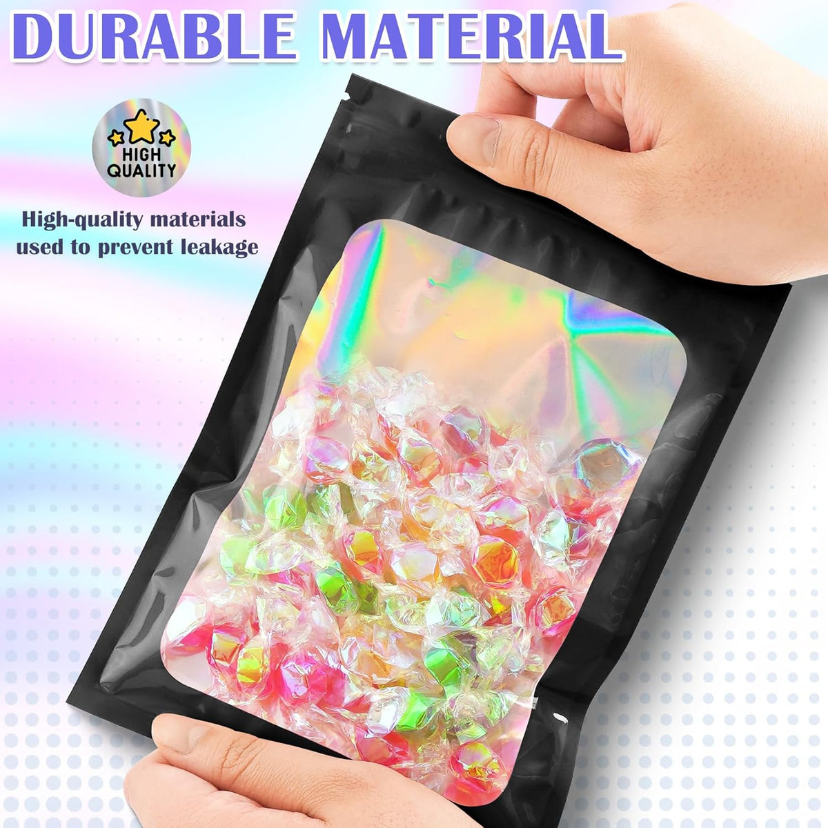 300 Pcs Mylar Bags, Smell Proof Bags Foil Pouch, Holographic Resealable Bags for Small Business, Candy Sample Jewelry Bag Sealable Packaging for Party Favor Food Storage (3x5in-Black)