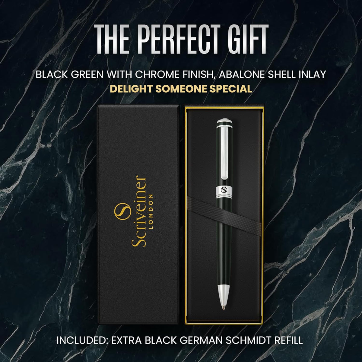 Scriveiner Black Green Ballpoint Pen - Black Green Luxury Pen, Chrome Finish, Schmidt Black Refill, Best Ball Pen Gift Set for Men & Women, Professional Executive Office, Nice Designer Pen