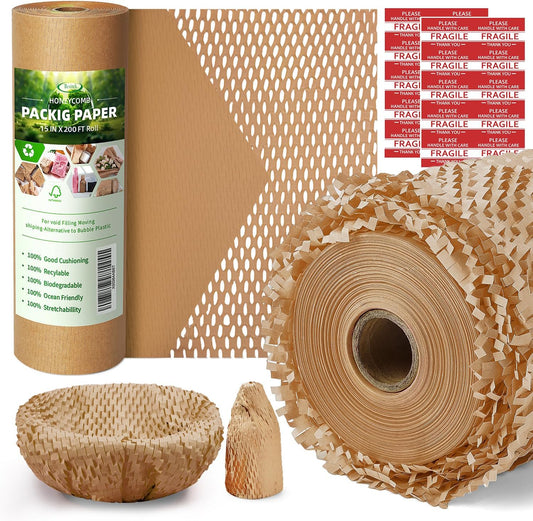 Honeycomb Packing Paper Wrap 15"x200' Sustainable Alternative to Bubble Cushioning Wrap for Moving/shipping/packing Roll with 20 Fragile Sticker Biodegradable & Fully Recylable