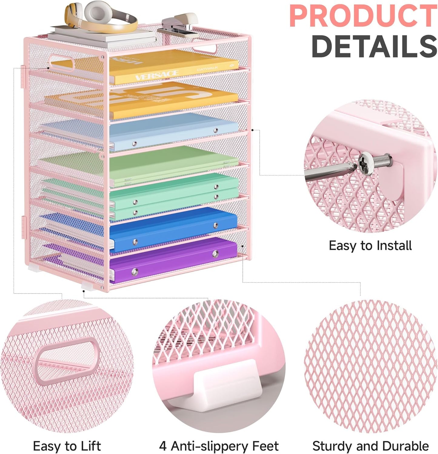 8 Tier Paper Organizer with Handle, Metal Mesh Desk File Organizer, Large Capacity Desk Organizers Paper Letter Tray Desktop Document Sorter for Office, Home or School - Pink