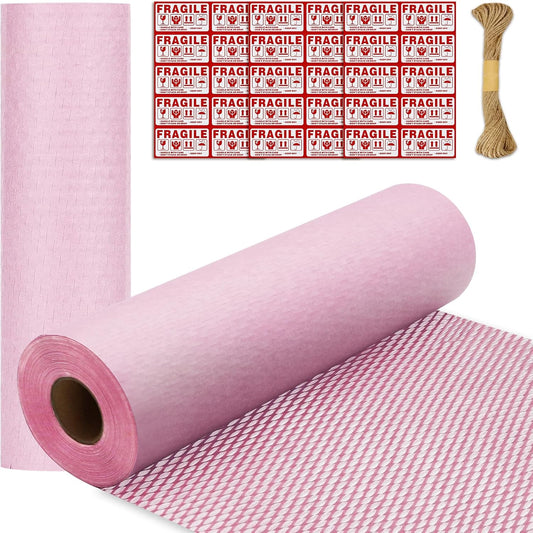 Honeycomb Packing Paper 15"x131' Recyclable Honeycomb Paper Moving Supplies Bubble Paper Wrapping Protective Roll with 30 Fragile Sticker Labels and 66ft of Jute rope (Light pink)
