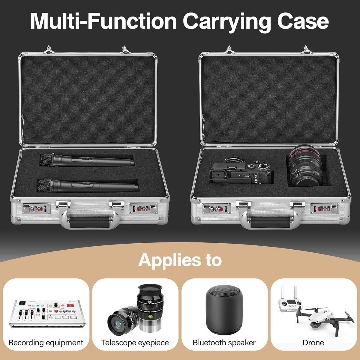 Combination Lock Box - Locking Storage Case with Customizable Foam, 14.2" Portable Lockable Case for Personal Items, Valuables, Documents, Briefcase for Jewelry, Cash, Medications, Silver