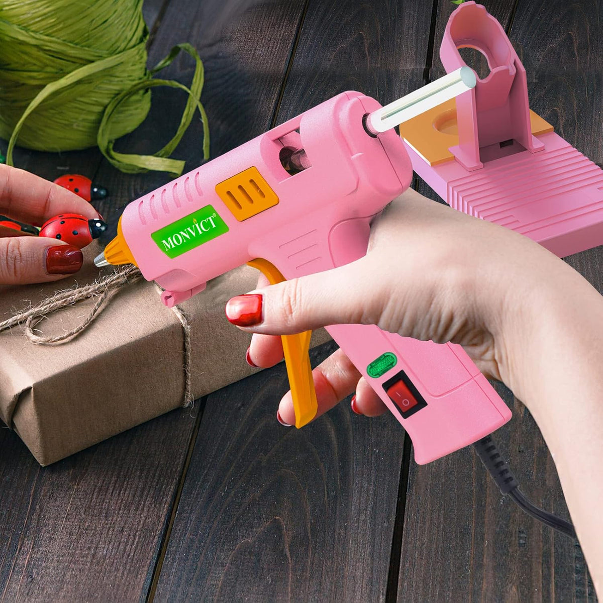 MONVICT Pink Hot Glue Gun Kit, Mini Glue Gun with Suction Cups Stand Anti Stick Silicone Mat, Hot Melt Glue Gun with Fine Tip & 30 Glue Sticks, On/Off Switch Design for DIY, Craft, Home School Project