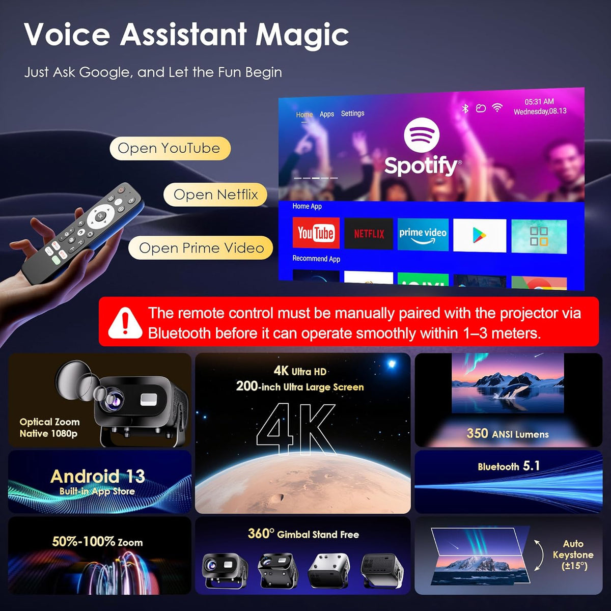 Mini Projector with WiFi and Bluetooth, Electric Focus & Vertical Keystone, 1080P HD 4K Support, Smart Projector with Built-in Streaming Apps, Portable Projector for Outdoor & Home Movie