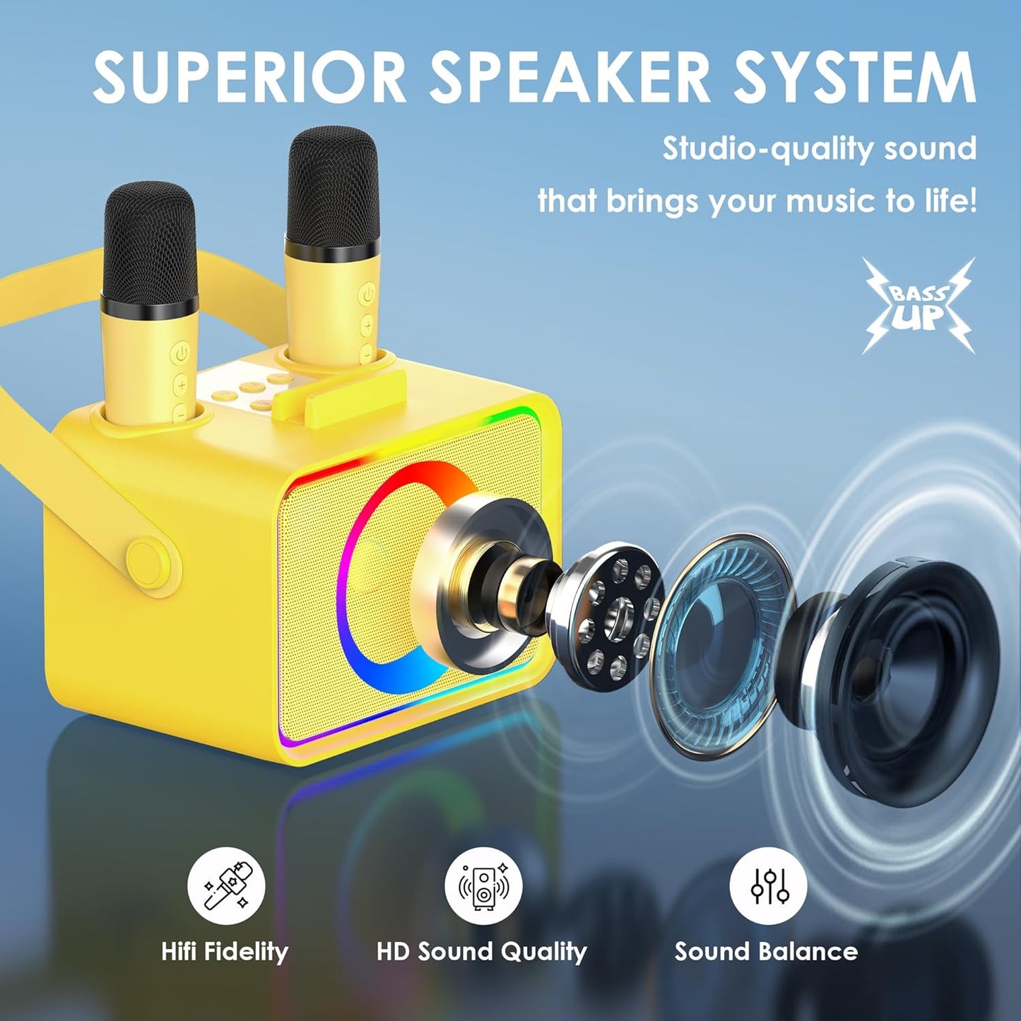 Karaoke Machine,Portable Bluetooth Speaker with 2 Wireless Microphone for Adults & Kids with LED Lights, Karaoke Microphone with PA System Supports USB/TF/AUX,Gift for Party (Yellow)