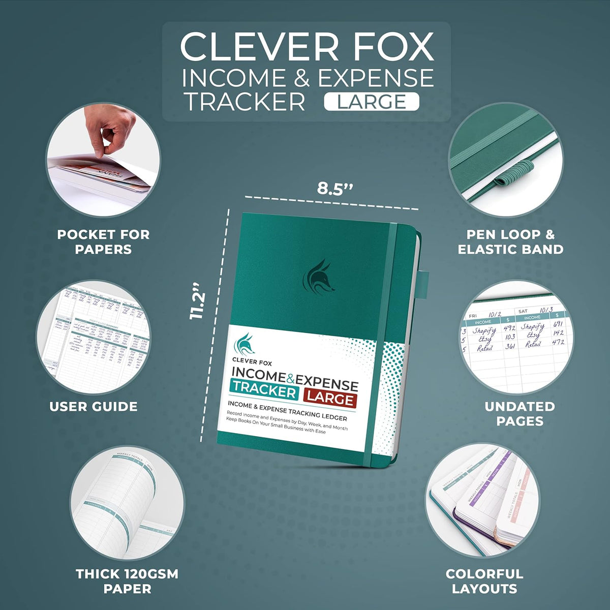 Clever Fox Income & Expense Tracker Large – Accounting & Bookkeeping Ledger Book for Small Business – 2-Year Record Notebook, A4 (Dark Teal)