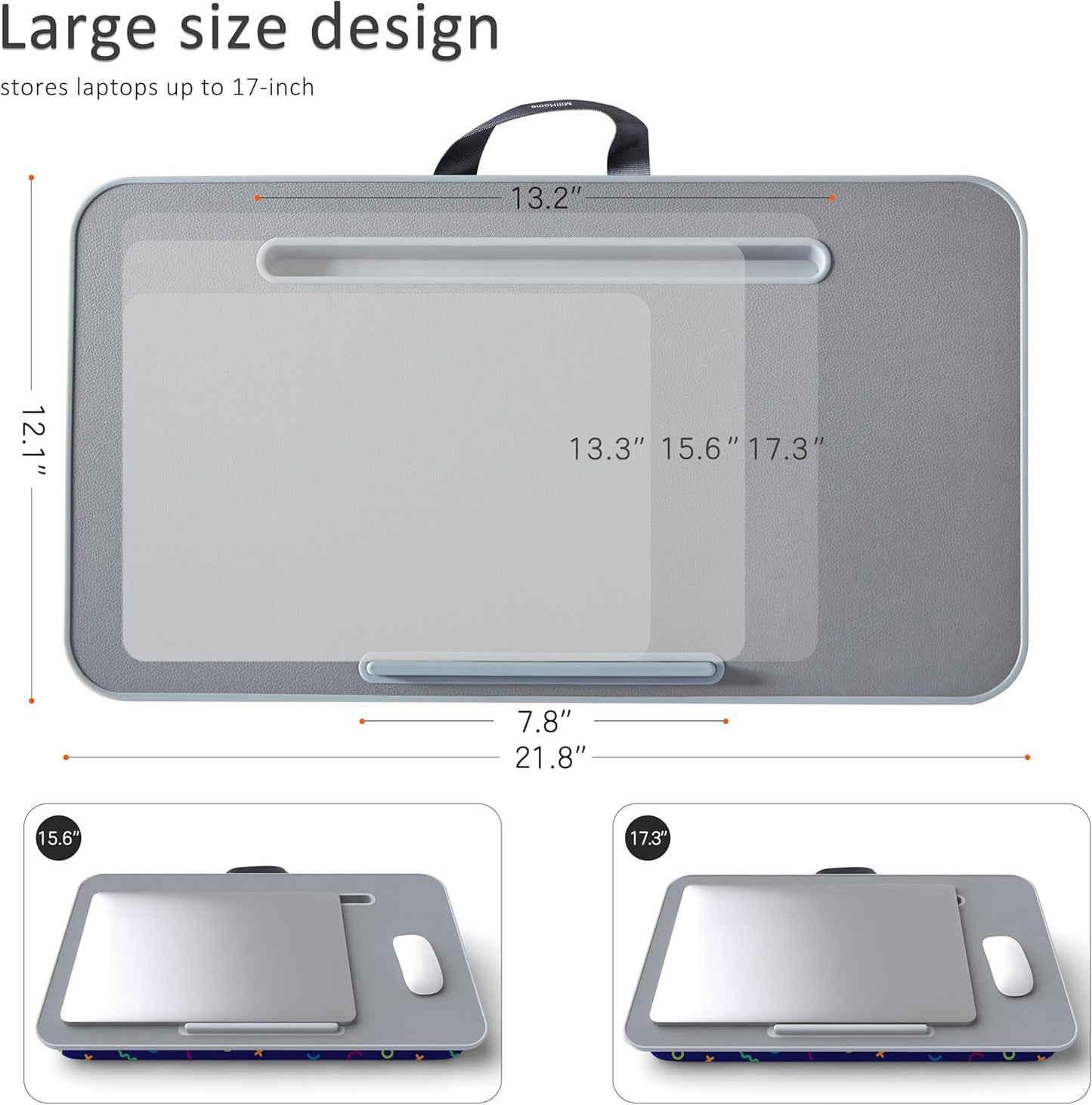 Millhome Lap Desk | Portable Laptop Desk – Fits Up to 17.3" Laptops – Detachable & Washable Cushion, Phone Holder, Device Ledge – for Writing, Working, Reading on Bed, Couch, Sofa, Floor – Geometric