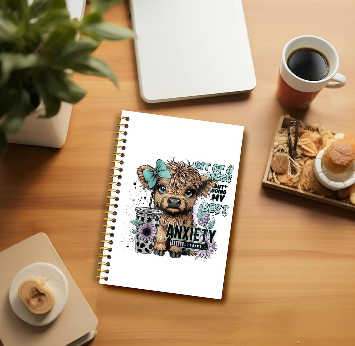 Bit of a Mess Anxiety Funny Highland Cow Notebook - Western Cow Notebook, Highland Cow Office Supplies, Highland Cow Gifts, Cow Lover Gifts, Cute Cow Stuff, Cow Spiral Notebook 5.5x8.3