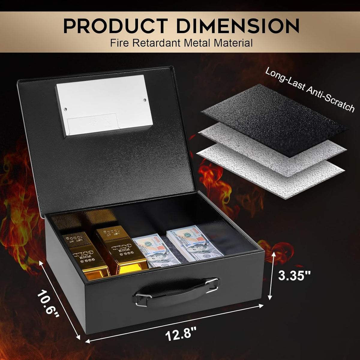 Dalmbox Portable Metal Safe Box with Digital Code Lock,Fire Resistant Storage for Documents, Fireproof Safe Box, Car, Home, Office and Outside, Black Box,Large
