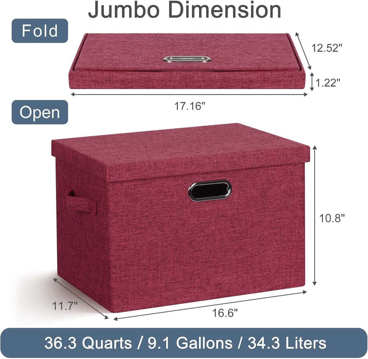 Large 17" 36 Quart Collapsible Stackable Storage Bins with Lids, 3 Packs Bright Red Linen Fabric Closet Boxes with Lids, Storage Cube Baskets Container Organizers for Office (17x12x11)