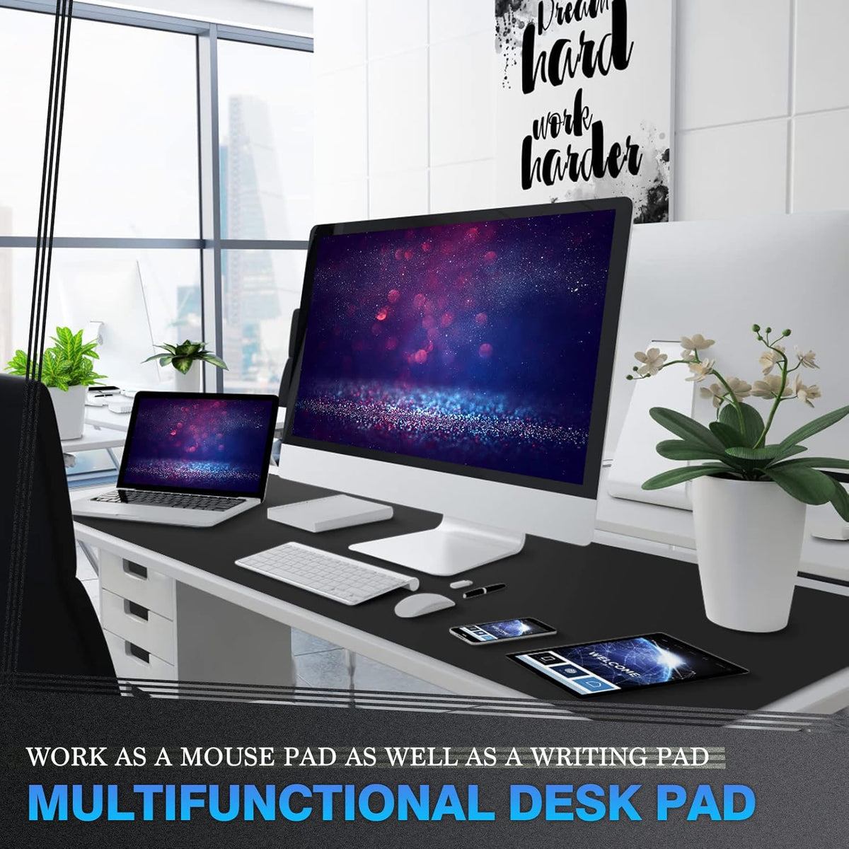 K KNODEL Large Office Leather Desk Mat, Mouse and Keyboard Pad, Computer and Laptop Mat, Desktop Protector and Cover, Writing Pad and Blotter (47.2"x17", Black)