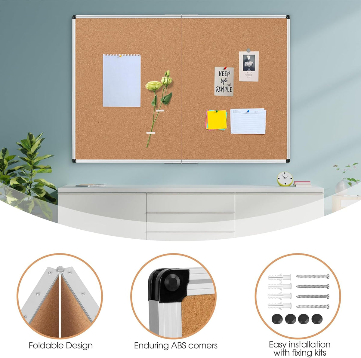 Board2by Extra Large Cork Bulletin Board 60" X 48", Foldable Notice Pin Board for Wall, Silver Aluminum Framed 5'x4' Corkboard, Wall Mounted Noticeboard with 36 Push Pins for School, Home & Office