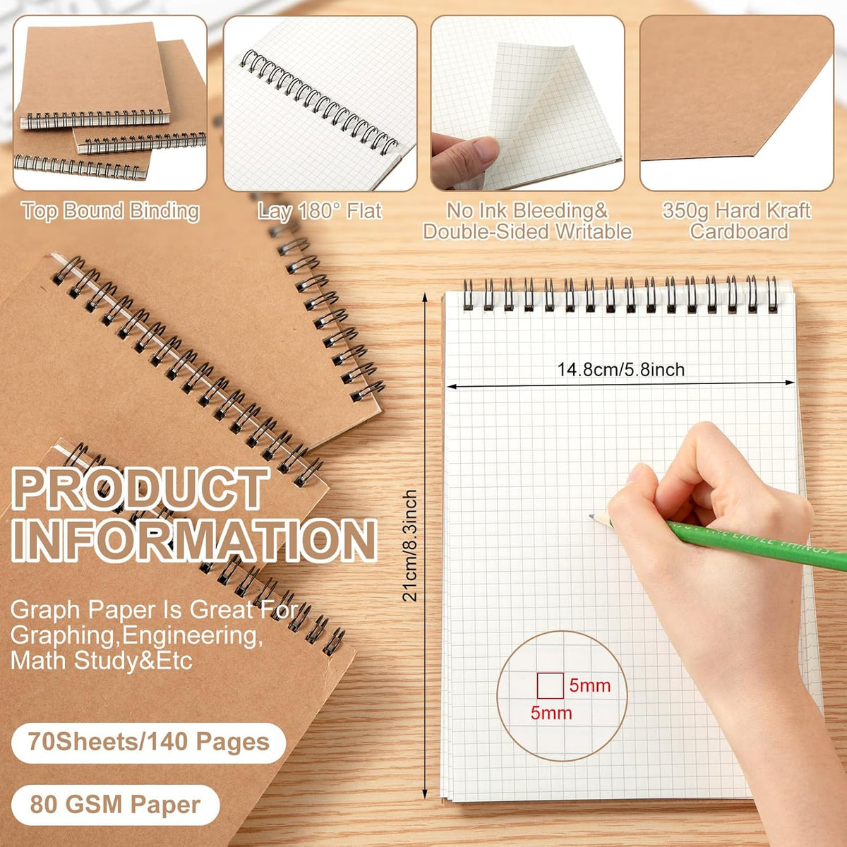 6 Pack Graph Paper Spiral Notepad A5 Top Wirebound Notepad Grid Notebook Steno Pads Memo Notebook Grid Paper 140 Pages for Writing Sketching Drawing Office Supplies (Kraft)