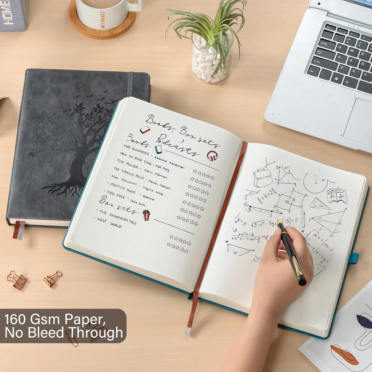 ZXHQ B5 Bullet Dotted Journal Notebook:150gsm Thick Paper, 256 Pages, Dot Grid Hardcover, Tree of Life Design, Fine Inner Pocket - 7.7" × 10" Dark Grey
