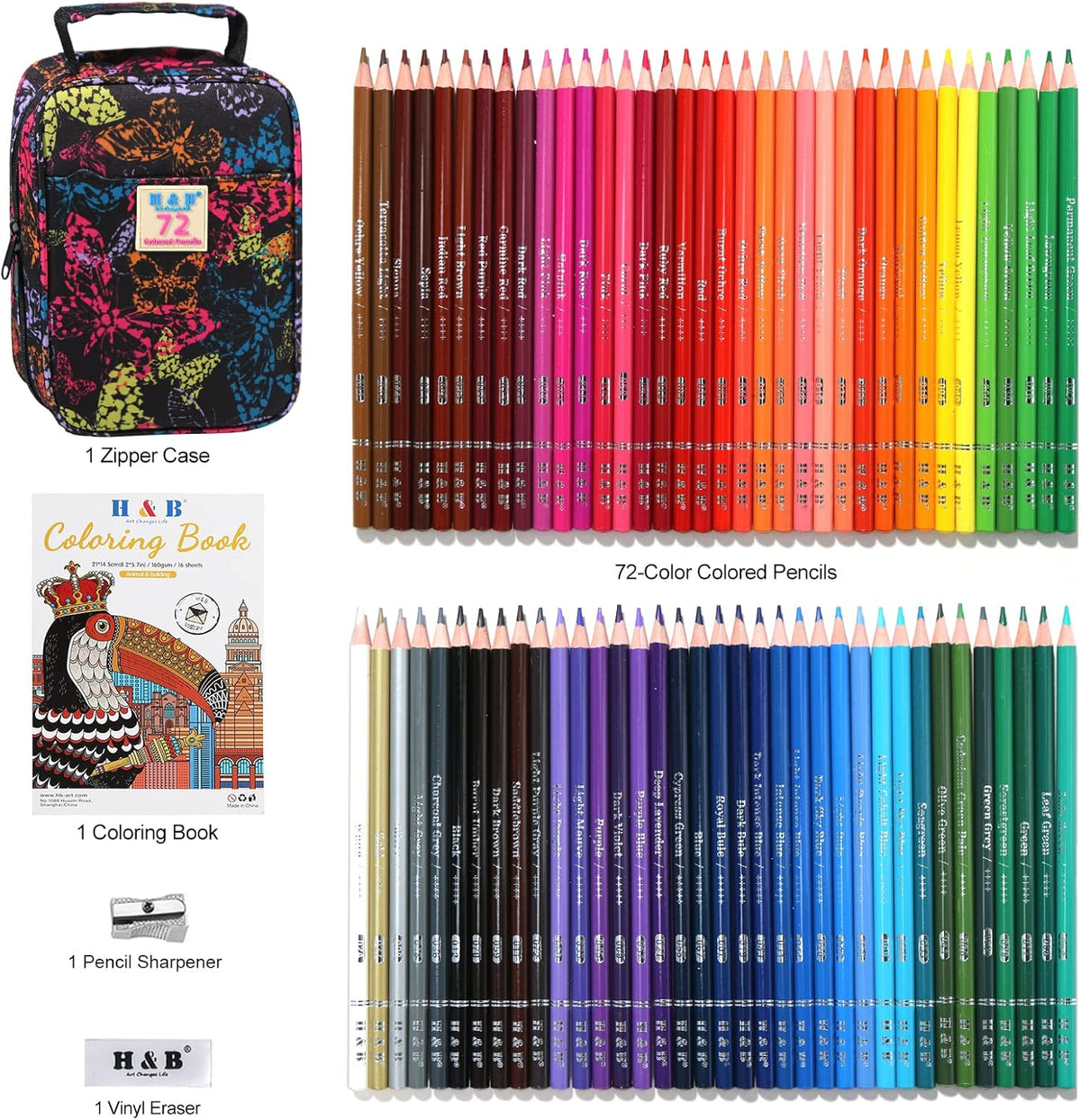 H & B 72-Color Colored Pencils Set with Coloring Book, Eraser, and Sharpener - Perfect for Drawing and Coloring - Soft Oil-Based Cores Ideal for Adults and Beginners