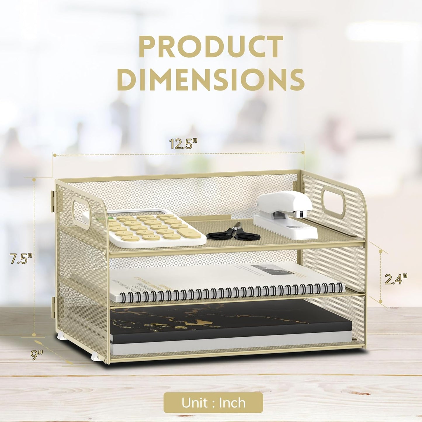 Supeasy 3 Tier Paper Organizer with Handle, Mesh Desk Organizer Letter Tray, Paper Tray File Organizer for A4 File Folder, Yellow