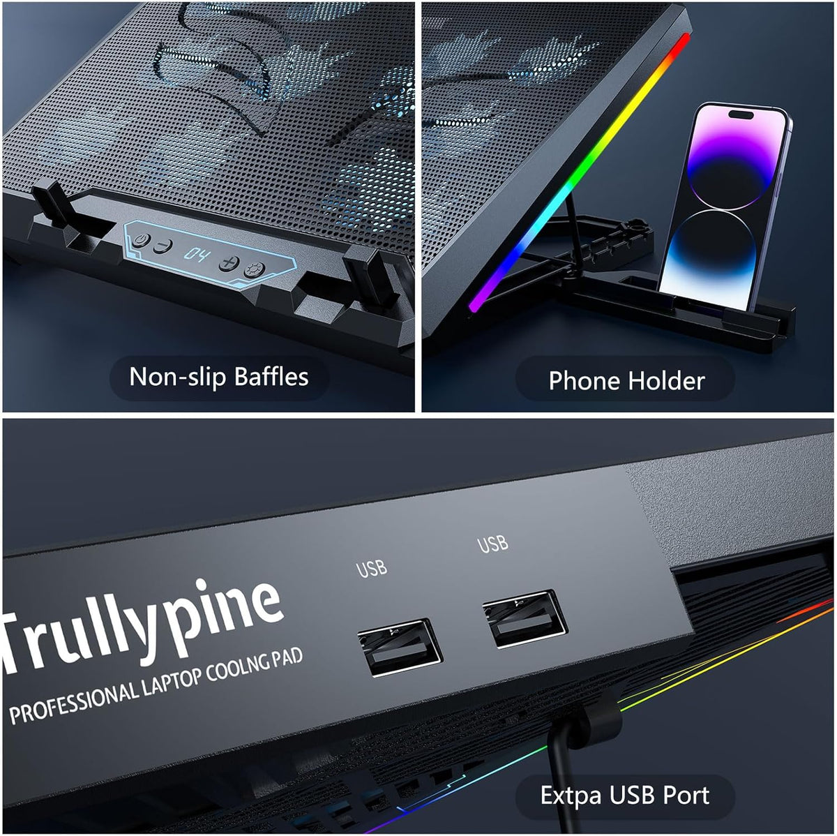 Laptop Cooling Pad with 12 Quiet Fans, Slim Portable for 12-17.3 Inch Laptop Cooler Stand, RGB Lighting, with 5 Height Adjustable, Gaming Cooling Fan Pad, with Two USB Ports Holder (LCD)