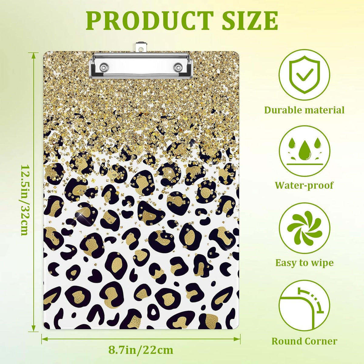 Glitter Leopard Clipboard,Decorative Acrylic Clipboard with Low Profile Metal Clip for Office,School,Teachers,Students Standard Letter Size 9x12.5