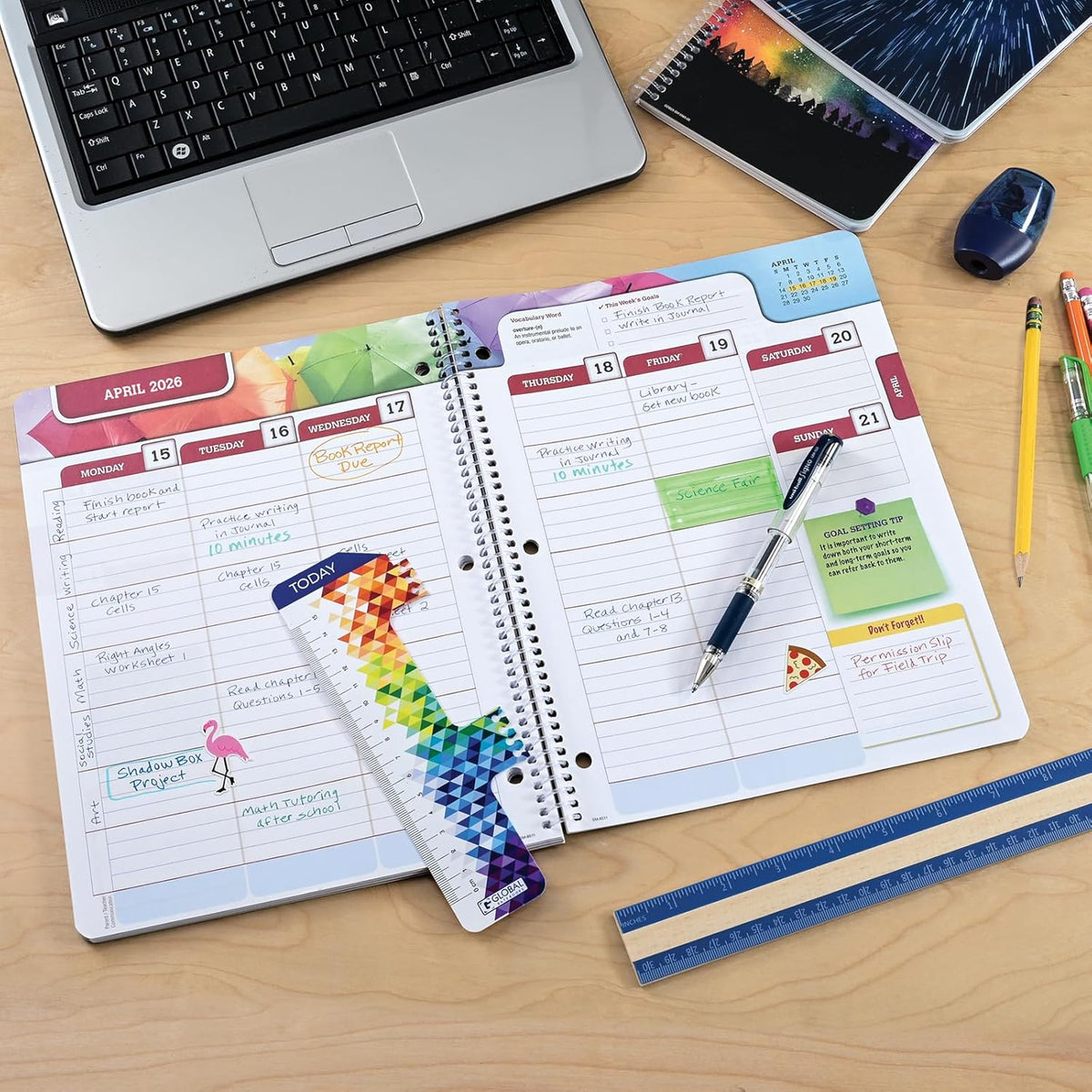 Global Datebooks Dated Middle School or High School Student Planner for Academic Year 2025-2026 Includes Ruler/Bookmark and Planning Stickers (Matrix Style - 8.5"x11" - Spectrum)