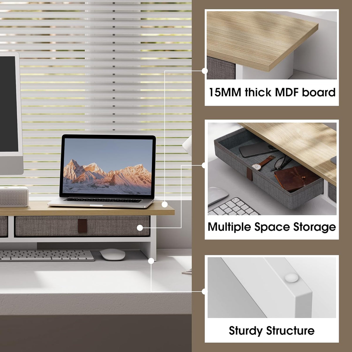 Fenge Monitor Stand with Drawer, 2 Tiers Dual Monitor Riser for Desk, 35 Inch Computer Stand for 2 Monitors, Desk Shelf for Home, Office, Laptop, PC, TV, Printer