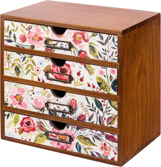 4-Drawer Vintage Desk Wood Storage Box With Drawers in Floral Chintz - Wooden Table Organizer I End Clutter & Dullness, Personalize Your Workspace - Beautiful Flower Design for Office & Home